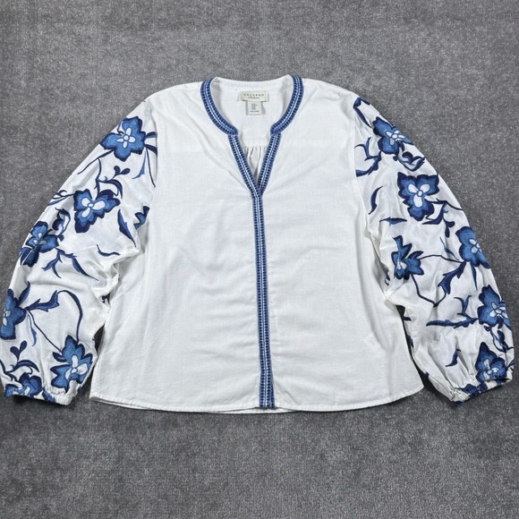Calypso St. Barth Tops - Calypso St. Barth Top Medium White Flax Cotton Blend Embroidered Peasant Boho